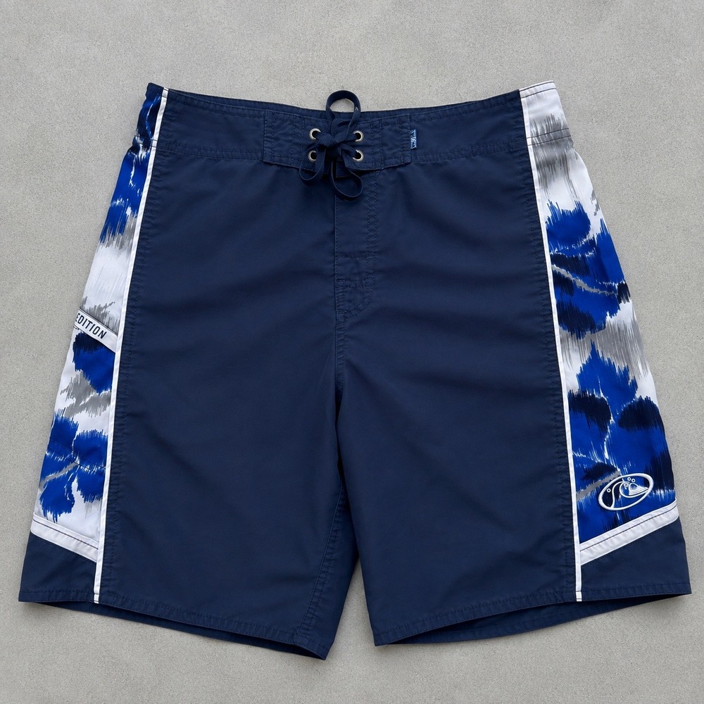 Quiksilver Edition Mens Navy Blue Abstract Print Board Shorts Size 31 Surf Swim